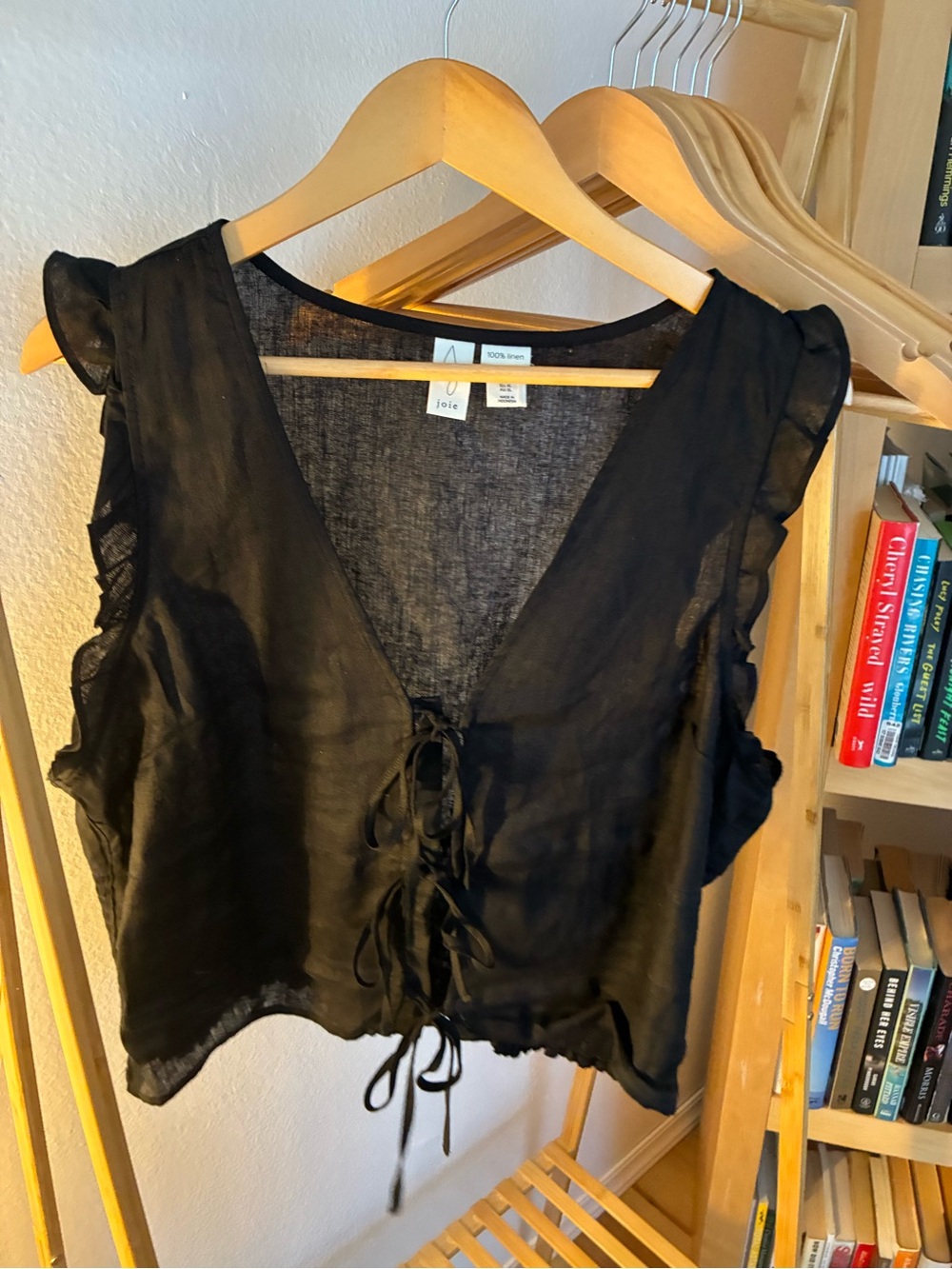 Joie Black Linen Tie-Front Ruffle-Sleeve Camisole